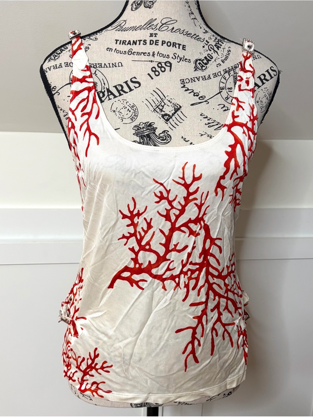 NWT RED Valentino Coral Print Tank Top Rhinestone Strap Buckles Sz 12